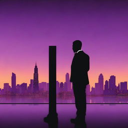 A silhouette of a man dressed in a tuxedo, standing and facing a city skyline with tall buildings in the background