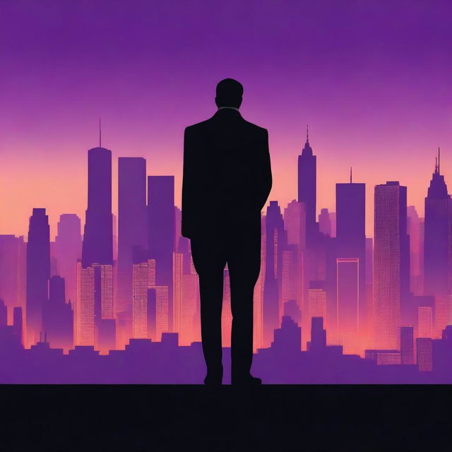 A silhouette of a man dressed in a tuxedo, standing and facing a city skyline with tall buildings in the background