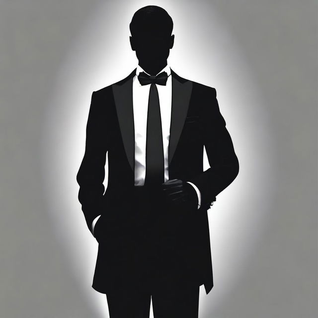 A silhouette of a man dressed in a tuxedo