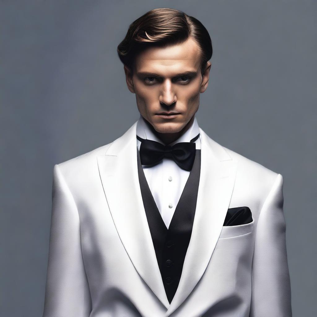 A realistic image of a man dressed in a tuxedo, facing away from the viewer