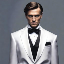 A realistic image of a man dressed in a tuxedo, facing away from the viewer