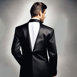 A realistic image of a man dressed in a tuxedo, facing away from the viewer