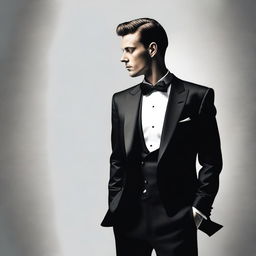 A realistic image of a man dressed in a tuxedo, facing away from the viewer