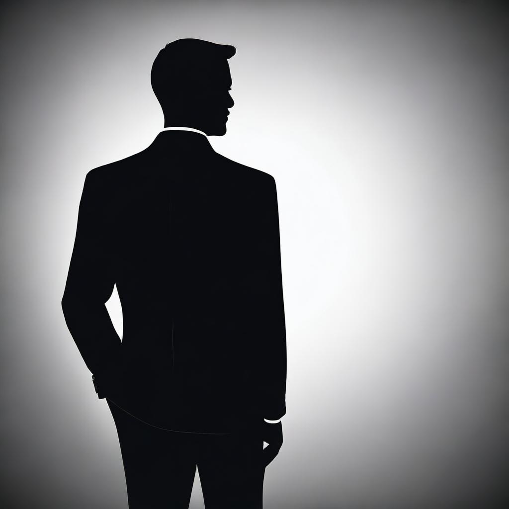 A realistic silhouette of a man dressed in a tuxedo, facing away with his back towards the viewer