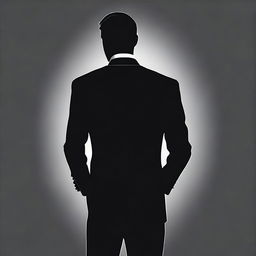 A realistic silhouette of a man dressed in a tuxedo, facing away with his back towards the viewer