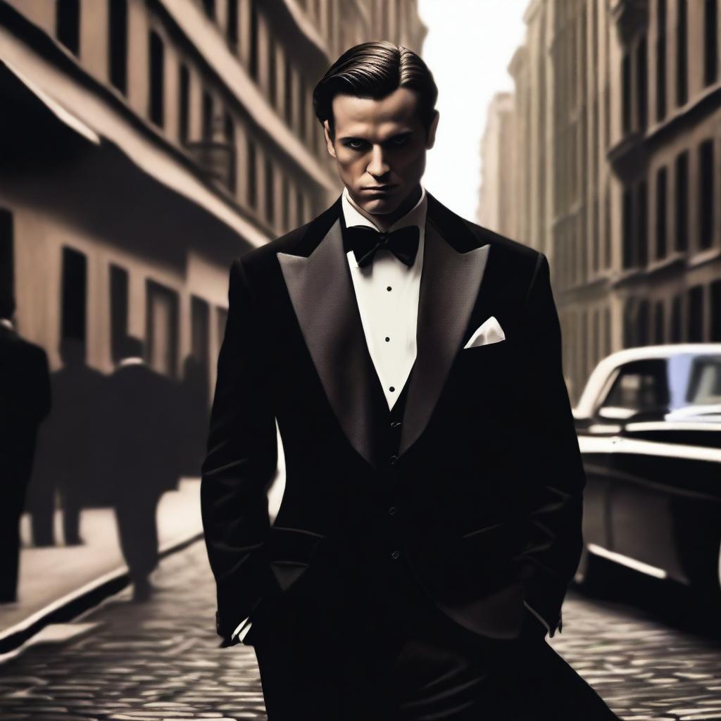 A realistic image of a man dressed in a tuxedo, facing away from the viewer with a mafia theme