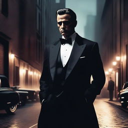 A realistic image of a man dressed in a tuxedo, facing away from the viewer with a mafia theme