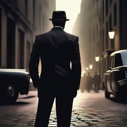 A realistic image of a man dressed in a tuxedo, facing away from the viewer with a mafia theme