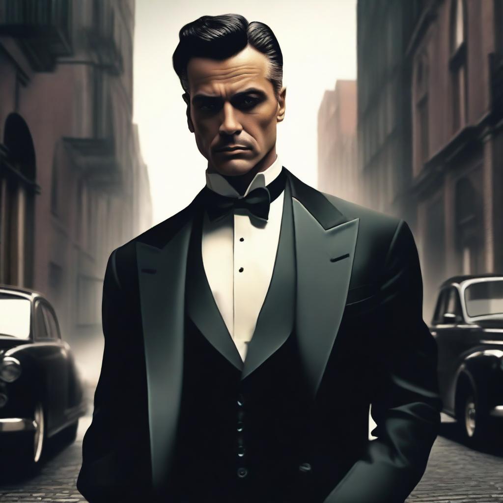 A realistic image of a man dressed in a tuxedo, facing away from the viewer with a mafia theme