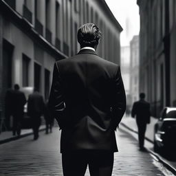 A realistic image of a man dressed in a tuxedo, facing away with his back towards the viewer