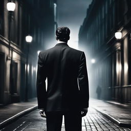 A realistic image of a man dressed in a tuxedo, facing away with his back towards the viewer