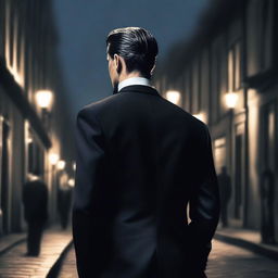 A realistic image of a man dressed in a tuxedo, facing away with his back towards the viewer