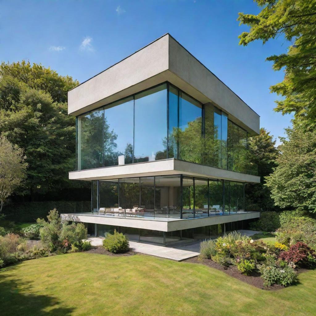 A magnificent modern house with large glass windows, surrounded by lush green gardens under a clear blue sky