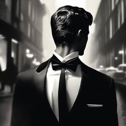 A realistic image of a young-faced man dressed in a tuxedo, facing away with his back towards the viewer