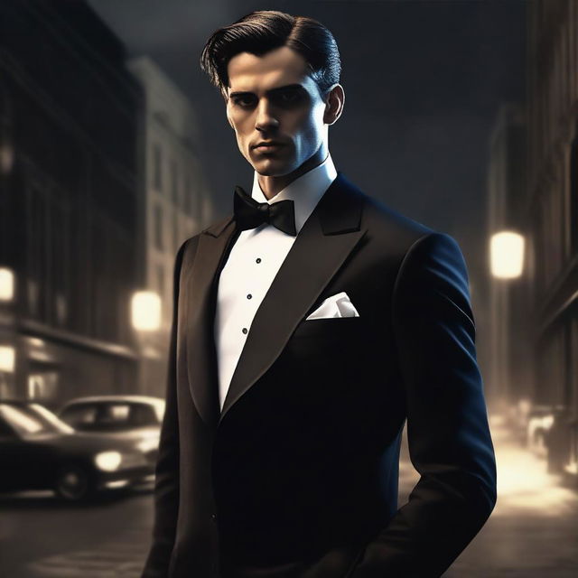 A realistic image of a young-faced man dressed in a tuxedo, facing away with his back towards the viewer