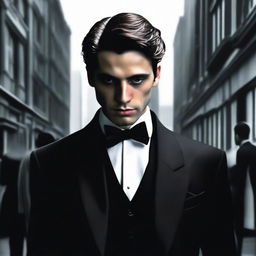 A realistic image of a young-faced man dressed in a tuxedo, facing away with his back towards the viewer