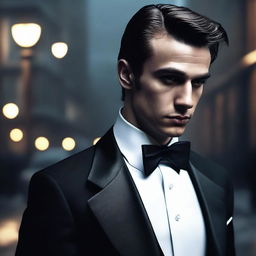 A realistic image of a young-faced man dressed in a tuxedo, facing away with his back towards the viewer