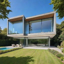 A magnificent modern house with large glass windows, surrounded by lush green gardens under a clear blue sky