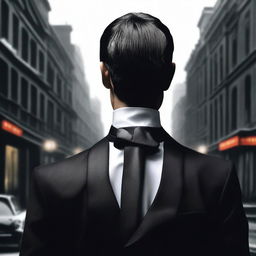 A realistic image of a young-faced man dressed in a tuxedo, facing away with his back towards the viewer