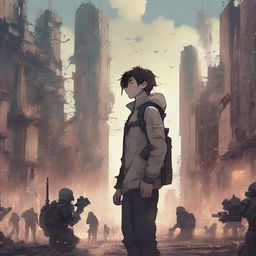 A techno and apocalyptic illustration of a 17-year-old boy holding a device facing an army of ruthless AI humans