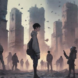 A techno and apocalyptic illustration of a 17-year-old boy holding a device facing an army of ruthless AI humans