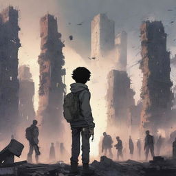 A techno and apocalyptic illustration of a 17-year-old boy holding a device facing an army of ruthless AI humans