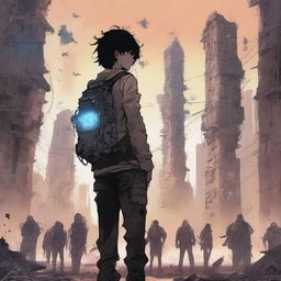 A techno and apocalyptic illustration of a 17-year-old boy holding a device facing an army of ruthless AI humans