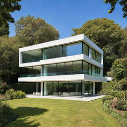 A magnificent modern house with large glass windows, surrounded by lush green gardens under a clear blue sky