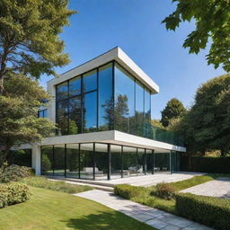 A magnificent modern house with large glass windows, surrounded by lush green gardens under a clear blue sky