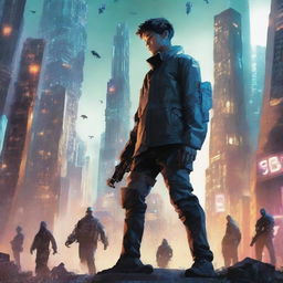 The cover shows a 17-year-old boy holding a flashing device, facing off against an army of ruthless AI men