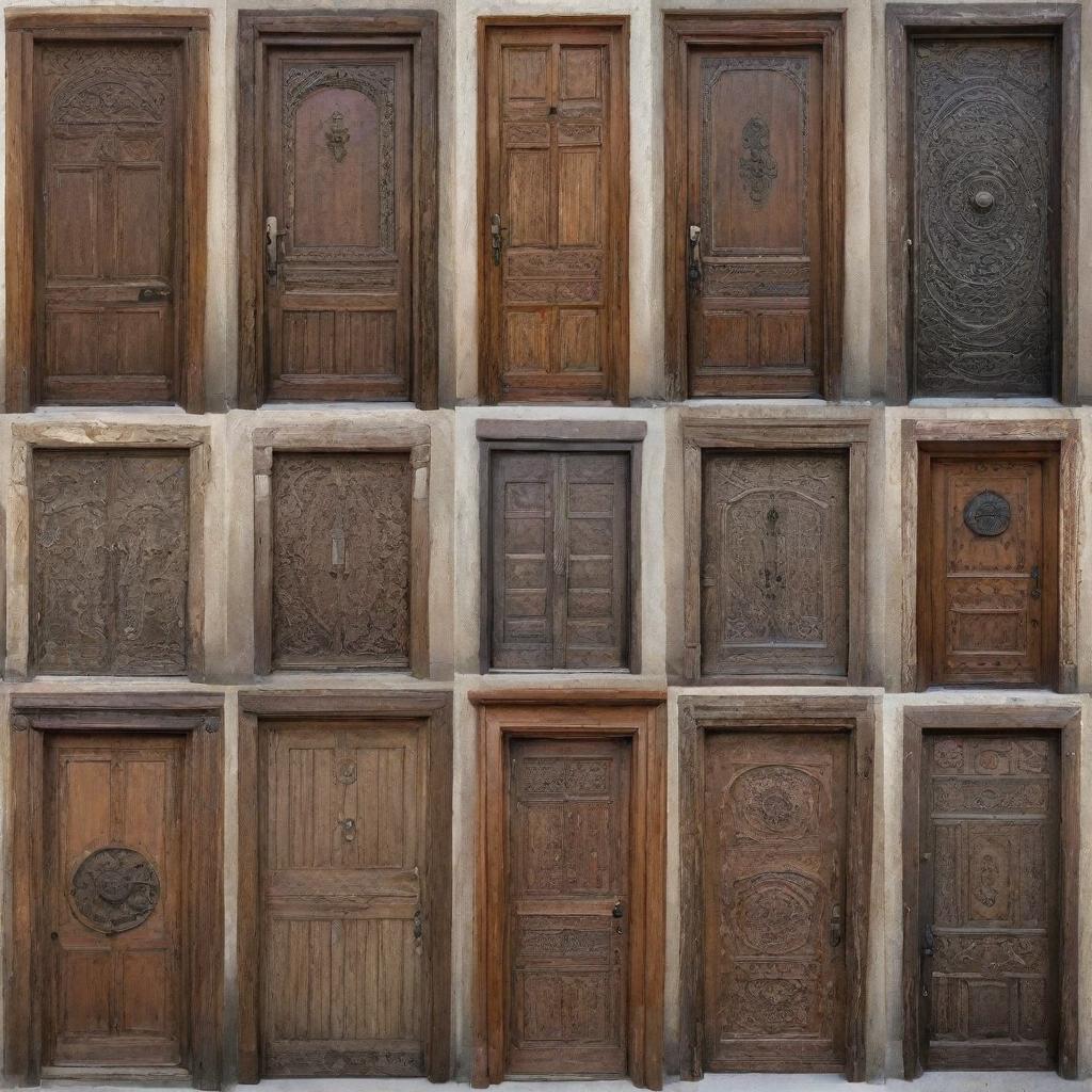 A variety of diverse doors. Some are modern with clean lines and sleek metals, others are rustic with peeling paint and wrought iron details, and some are lavishly carved from exotic woods.