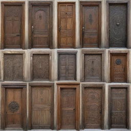 A variety of diverse doors. Some are modern with clean lines and sleek metals, others are rustic with peeling paint and wrought iron details, and some are lavishly carved from exotic woods.