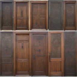 A variety of diverse doors. Some are modern with clean lines and sleek metals, others are rustic with peeling paint and wrought iron details, and some are lavishly carved from exotic woods.