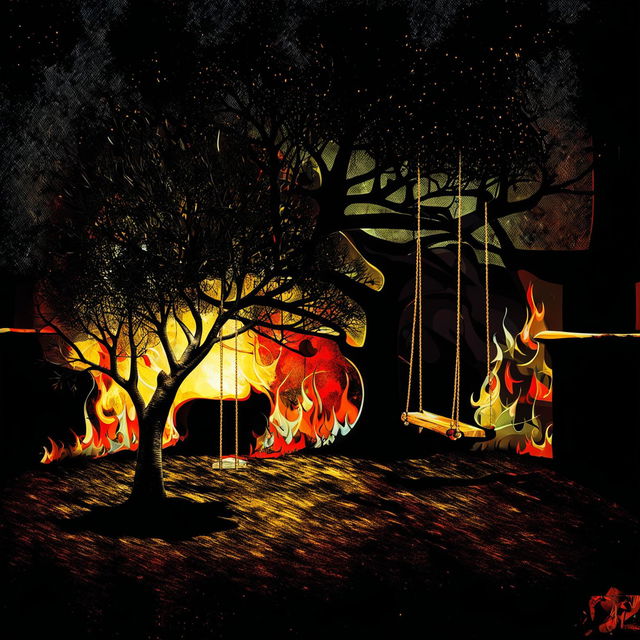 An abstract depiction of an old backyard garage in flames, with an apple tree and swing in the forefront, featuring surreal shapes and bold lines