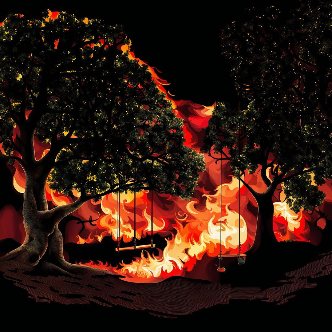 An abstract illustration of an old backyard garage in flames with an apple tree and swing in the forefront, featuring dynamic and surreal elements