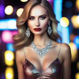 A glamorous Russian model in a chic nightclub setting