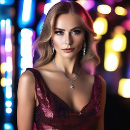 A glamorous Russian model in a chic nightclub setting