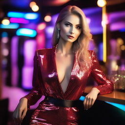 A glamorous Russian model in a chic nightclub setting