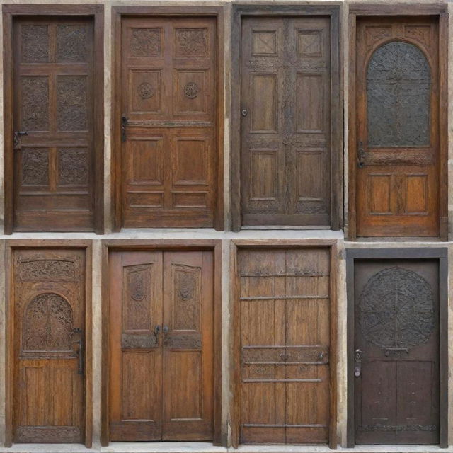 A variety of diverse doors. Some are modern with clean lines and sleek metals, others are rustic with peeling paint and wrought iron details, and some are lavishly carved from exotic woods.