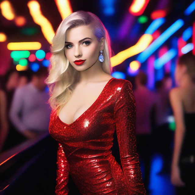 A glamorous 18-year-old Russian blonde model with red lips and a busty figure, standing in a vibrant nightclub