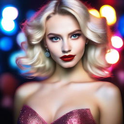 A glamorous 18-year-old Russian blonde model with styled hair and striking red lips in a nightclub setting