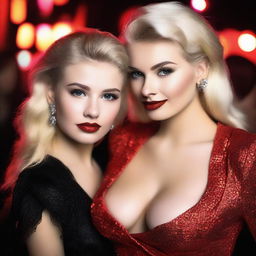 A glamorous 18-year-old Russian blonde model with styled hair and striking red lips in a nightclub setting