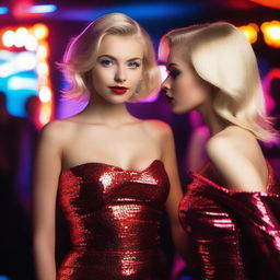 A glamorous 18-year-old Russian blonde model with styled hair and striking red lips in a nightclub setting