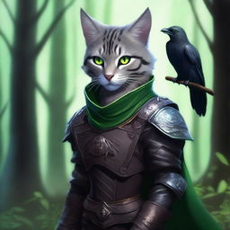 A grey tabby tabaxi warlock with striking green eyes, wearing detailed leather armor