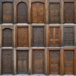 A variety of diverse doors. Some are modern with clean lines and sleek metals, others are rustic with peeling paint and wrought iron details, and some are lavishly carved from exotic woods.