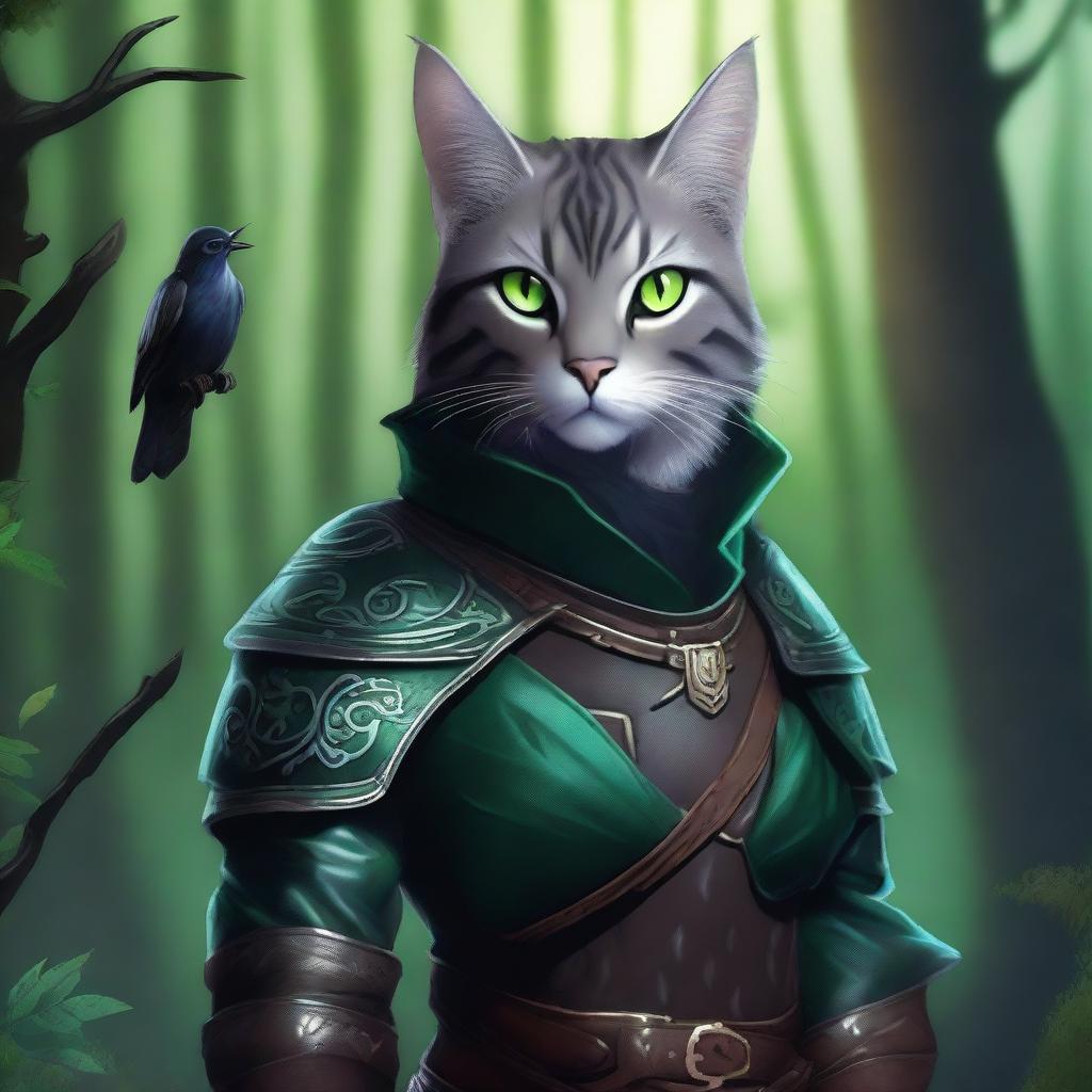 A grey tabby tabaxi warlock with striking green eyes, wearing detailed leather armor