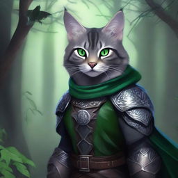 A grey tabby tabaxi warlock with striking green eyes, wearing detailed leather armor