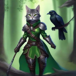 A grey tabby tabaxi warlock with striking green eyes, wearing detailed leather armor