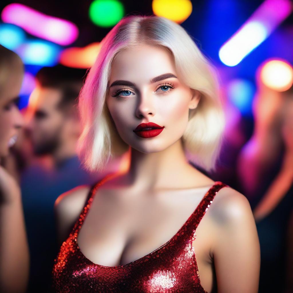 A glamorous 18-year-old Russian blonde model with styled hair and red lips, standing in a vibrant nightclub