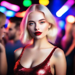 A glamorous 18-year-old Russian blonde model with styled hair and red lips, standing in a vibrant nightclub